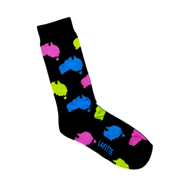 Map of Australia Print Socks | Black with Pink, Yellow and Blue | LAFITTE Australia