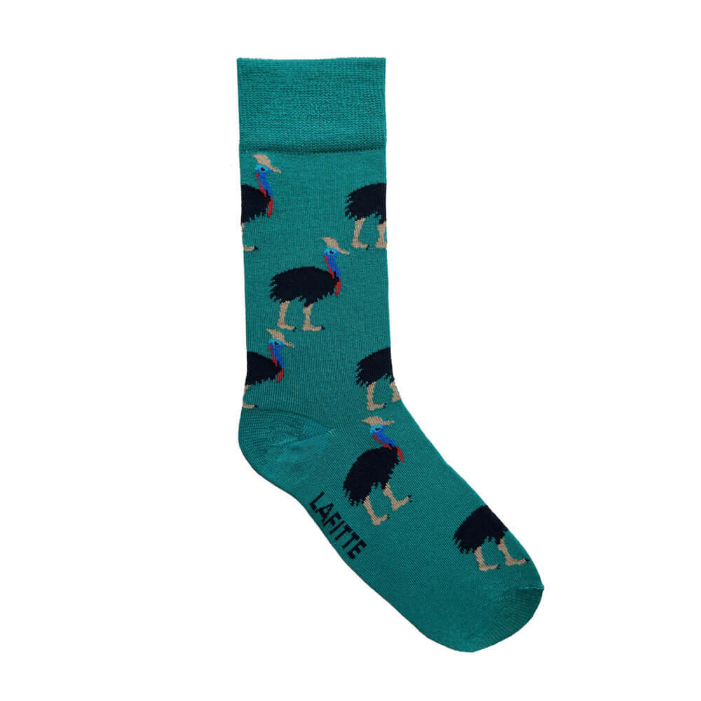 green bamboo socks with southern cassowary design from endangered Australian animals range