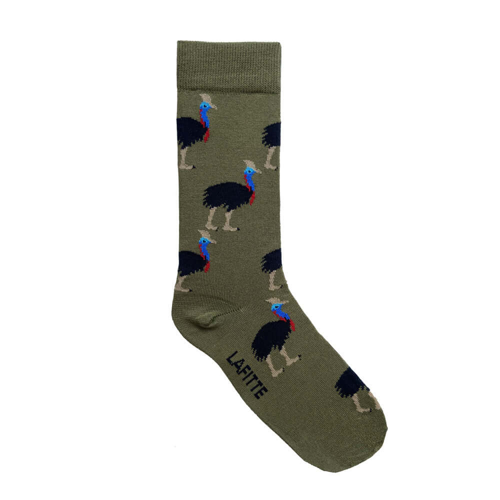 olive green bamboo socks with southern cassowary bird design from endangered Australian animals range