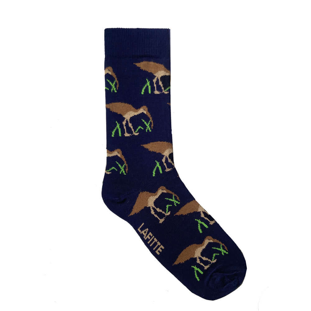 navy bamboo socks with eastern curlew bird pattern from endangered Australian animals range