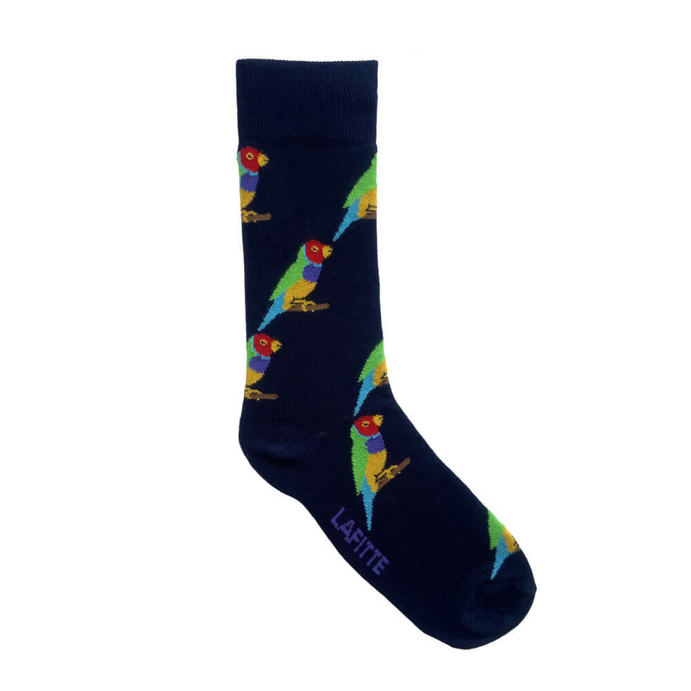 navy bamboo socks with gouldian finch bird design from endangered Australian animals range