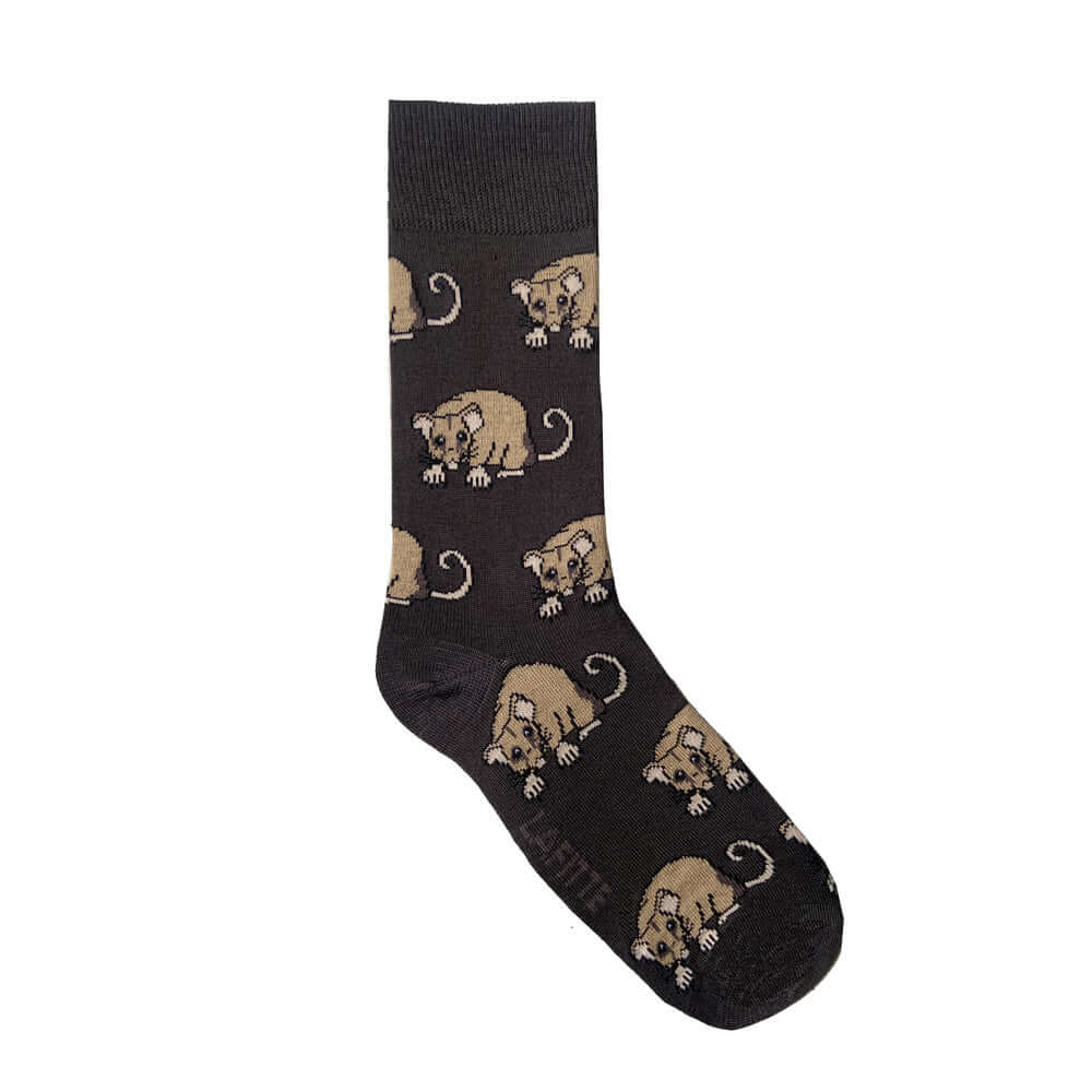 brown bamboo socks with mountain pygmy possum design from endangered Australian animals range
